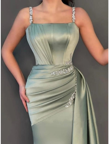 A-Line Evening Gown Elegant Dress Formal Sweep / Brush Train Christmas Red Green Dress Sleeveless Spaghetti Strap Satin with Pleats Ruched Crystals 2024