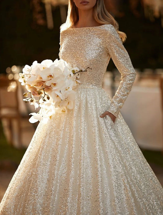 Engagement Sparkle & Shine Formal Wedding Dresses Ball Gown Scoop Neck Long Sleeve Chapel Train Sequined Bridal Gowns With Solid Color