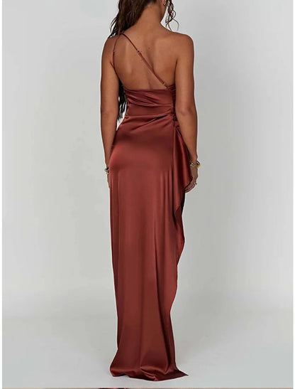 A-Line Party Dresses Elegant Dress Formal Floor Length Sleeveless One Shoulder Satin with Ruched Slit