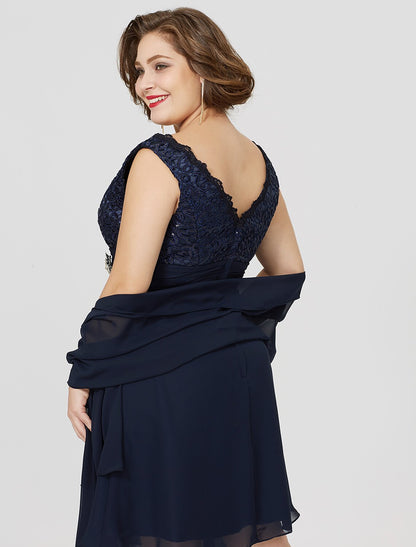 A-Line Mother of the Bride Dress Classic & Timeless Plus Size Wrap Included V Neck Knee Length Chiffon Lace Sleeveless yes with Ruched Crystal Brooch