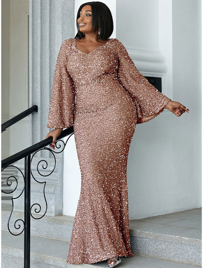 Mermaid / Trumpet Wedding Guest Dresses Plus Size Dress Cocktail Party Black Tie Floor Length Long Sleeve Scoop Neck Sequined with Glitter 2024