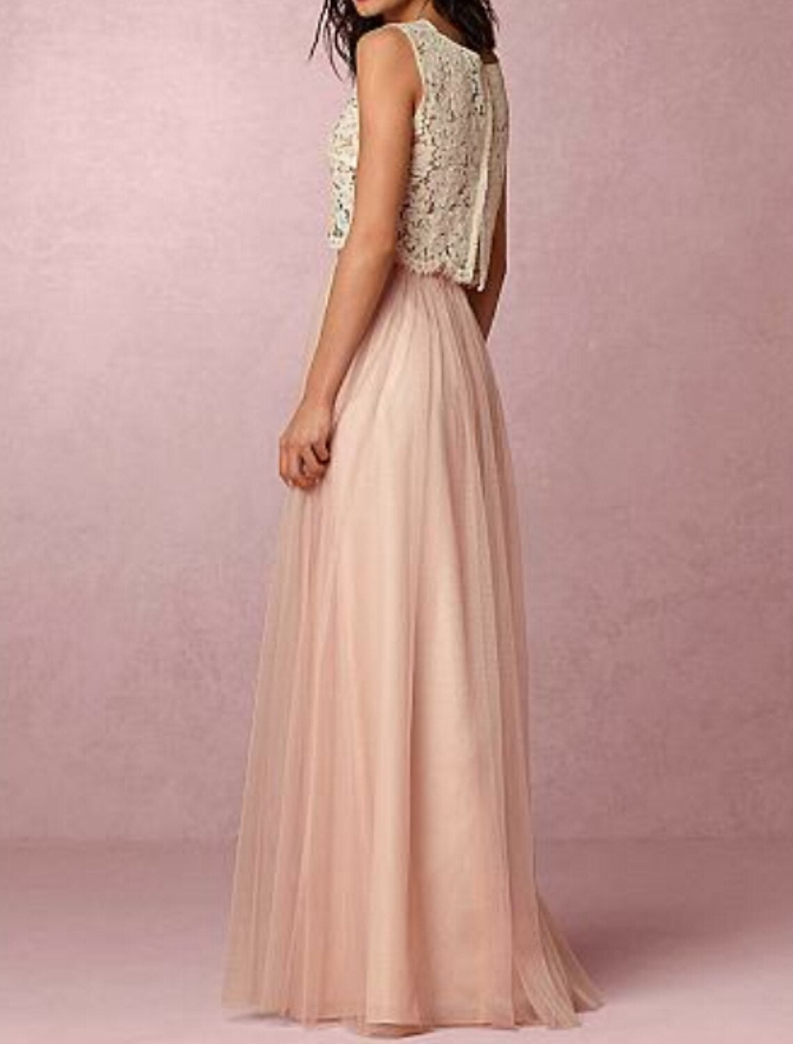A-Line Bridesmaid Dress Jewel Neck Sleeveless Two Piece Floor Length C