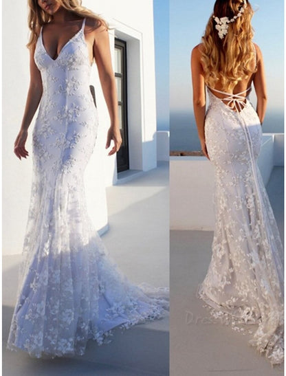 Beach Open Back Boho Wedding Dresses Mermaid / Trumpet Sweetheart Camisole Spaghetti Strap Sweep / Brush Train Lace Bridal Gowns With Appliques