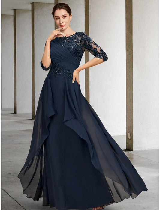 A-Line Mother of the Bride Dress Wedding Guest Elegant Scoop Neck Floor Length Chiffon Lace Half Sleeve with Sequin Ruching Solid Color