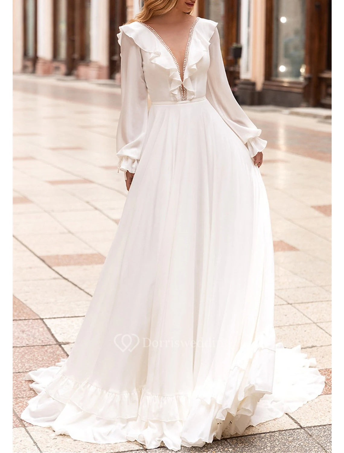 Hall Casual Wedding Dresses A-Line V Neck Long Sleeve Sweep / Brush Train Chiffon Bridal Gowns With Solid Color