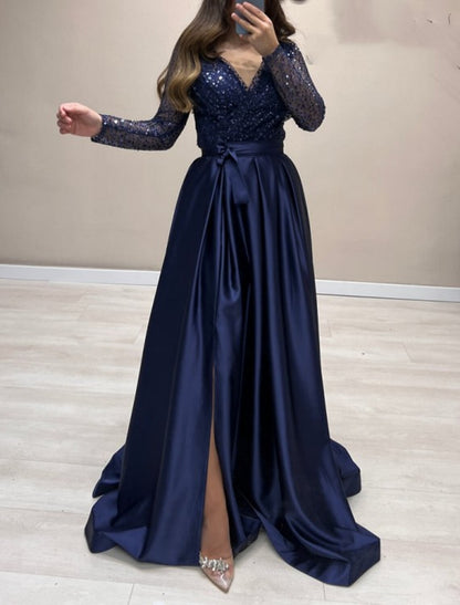 A-Line Evening Gown Elegant Dress Wedding Guest Fall Court Train Long Sleeve V Neck Satin with Pearls Strappy