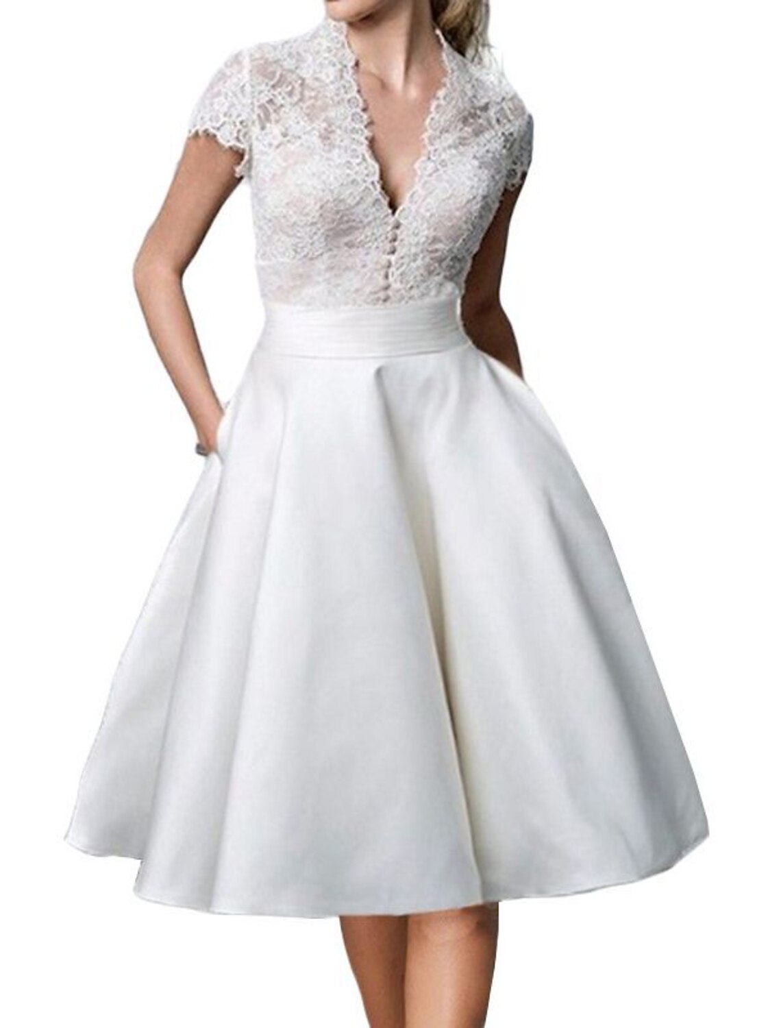 A-Line Party Dresses Elegant Dress Wedding Guest Homecoming Knee Length Short Sleeve V Neck Satin with Appliques