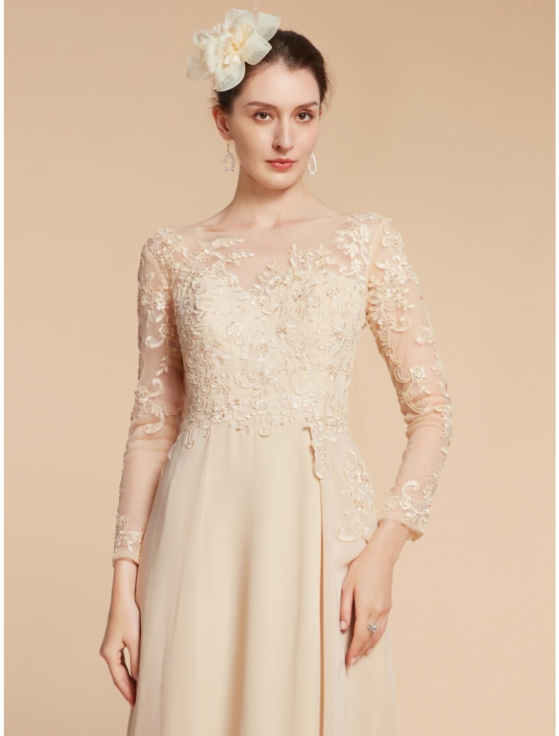 A-Line Mother of the Bride Dress Wedding Guest Elegant Jewel Neck Ankle Length Chiffon Lace Long Sleeve with Ruching Solid Color