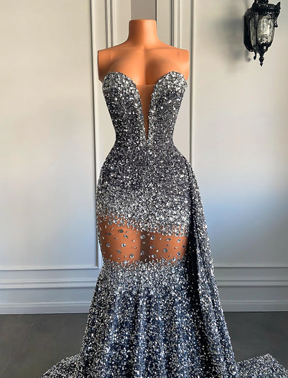 Mermaid / Trumpet Evening Gown Sparkle & Shine Dress Carnival Formal Court Train Sleeveless Strapless African American Sequined with Beading Sequin