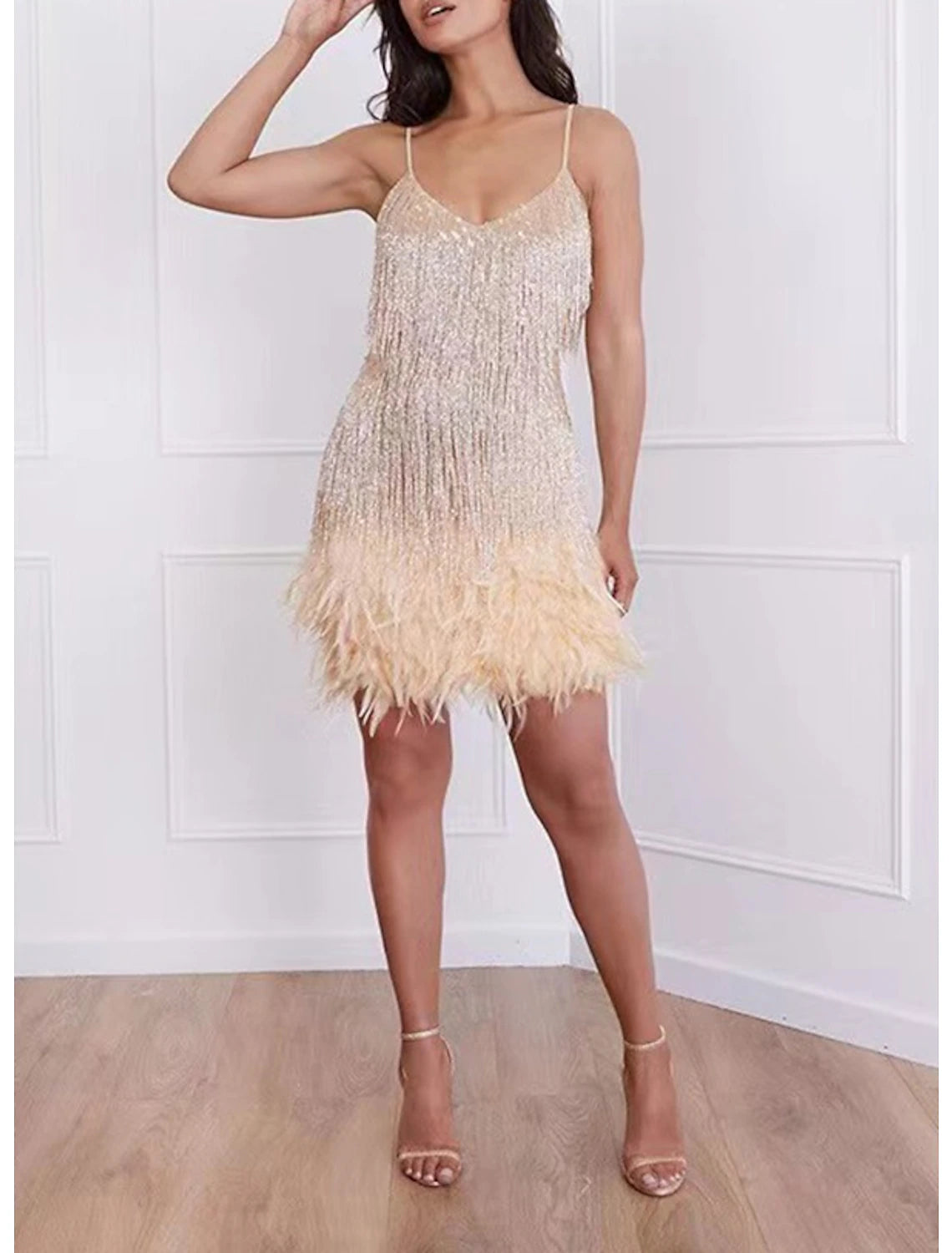 A-Line Party Dresses Sparkle & Shine Dress Prom Wedding Party Short / Mini Sleeveless Spaghetti Strap Sequined with Feather Fringe Sequin