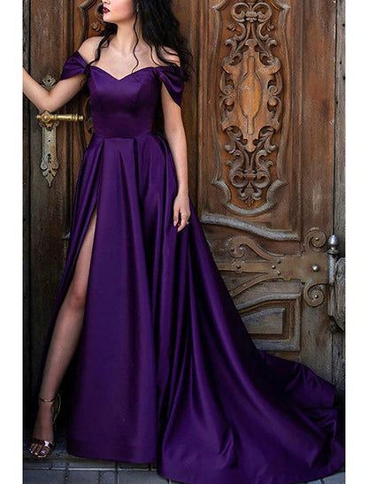 A-Line Prom Dresses Princess Dress Formal Prom Sweep / Brush Train Sleeveless Off Shoulder Satin with Pleats Slit