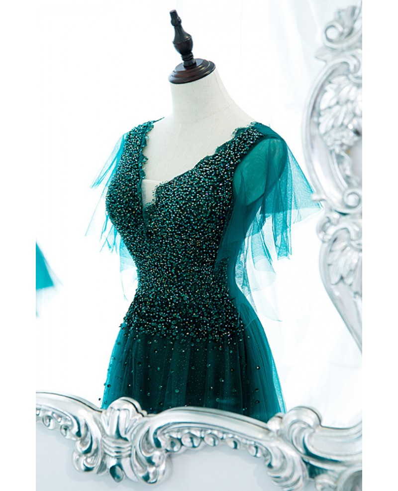 Unique and elegant dark green short sleeved beaded rhinestone ball dress dark green A-shaped V-neck with backless straps sheer and floor length prom dress