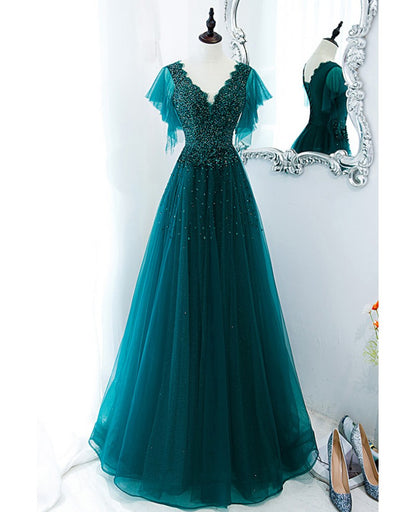 Unique and elegant dark green short sleeved beaded rhinestone ball dress dark green A-shaped V-neck with backless straps sheer and floor length prom dress