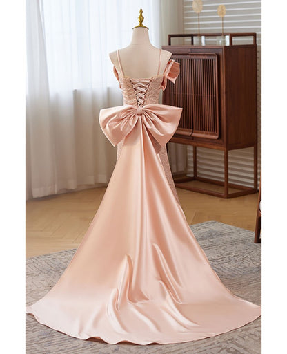 Sweet pink sequin sleeveless off shoulder ball dress with pink mermaid thin shoulder strap, butterfly tie, dew back strap, and floor length evening dress