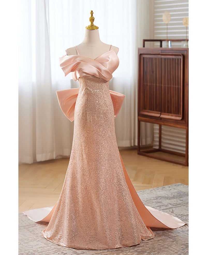 Sweet pink sequin sleeveless off shoulder ball dress with pink mermaid thin shoulder strap, butterfly tie, dew back strap, and floor length evening dress