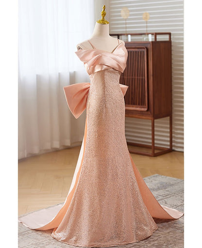 Sweet pink sequin sleeveless off shoulder ball dress with pink mermaid thin shoulder strap, butterfly tie, dew back strap, and floor length evening dress