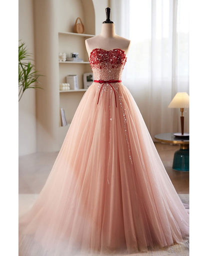 Elegant and sweet powder blusher powder beading sequins off shoulder short sleeve prom dress powder blusher powder A-shaped princess bow belt tulle backless and floor length evening dress