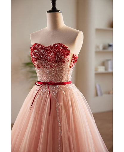 Elegant and sweet powder blusher powder beading sequins off shoulder short sleeve prom dress powder blusher powder A-shaped princess bow belt tulle backless and floor length evening dress