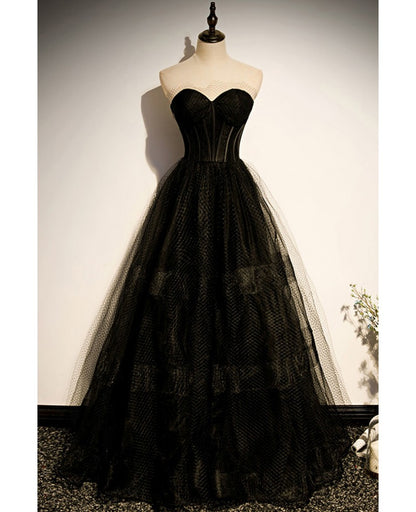 Elegant black strapless sleeveless ball dress with black A-shaped princess sweetheart backless and ground length evening dress