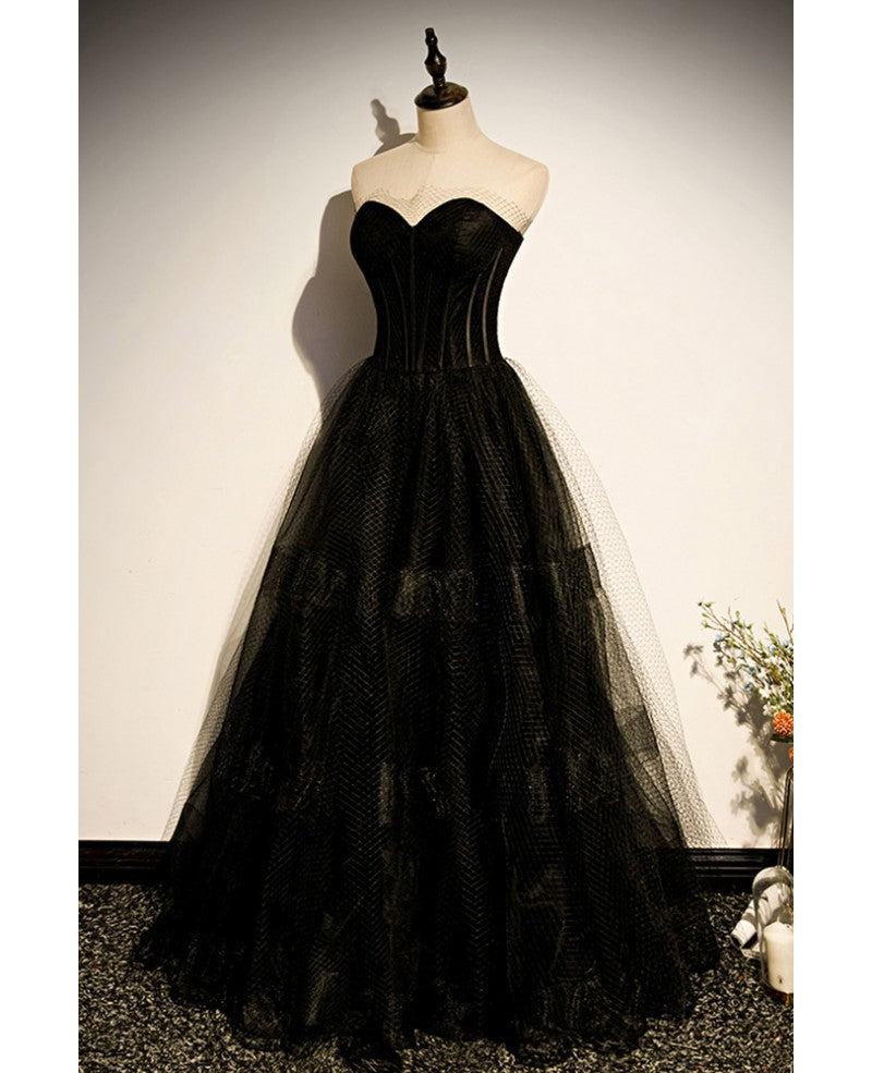 Elegant black strapless sleeveless ball dress with black A-shaped princess sweetheart backless and ground length evening dress