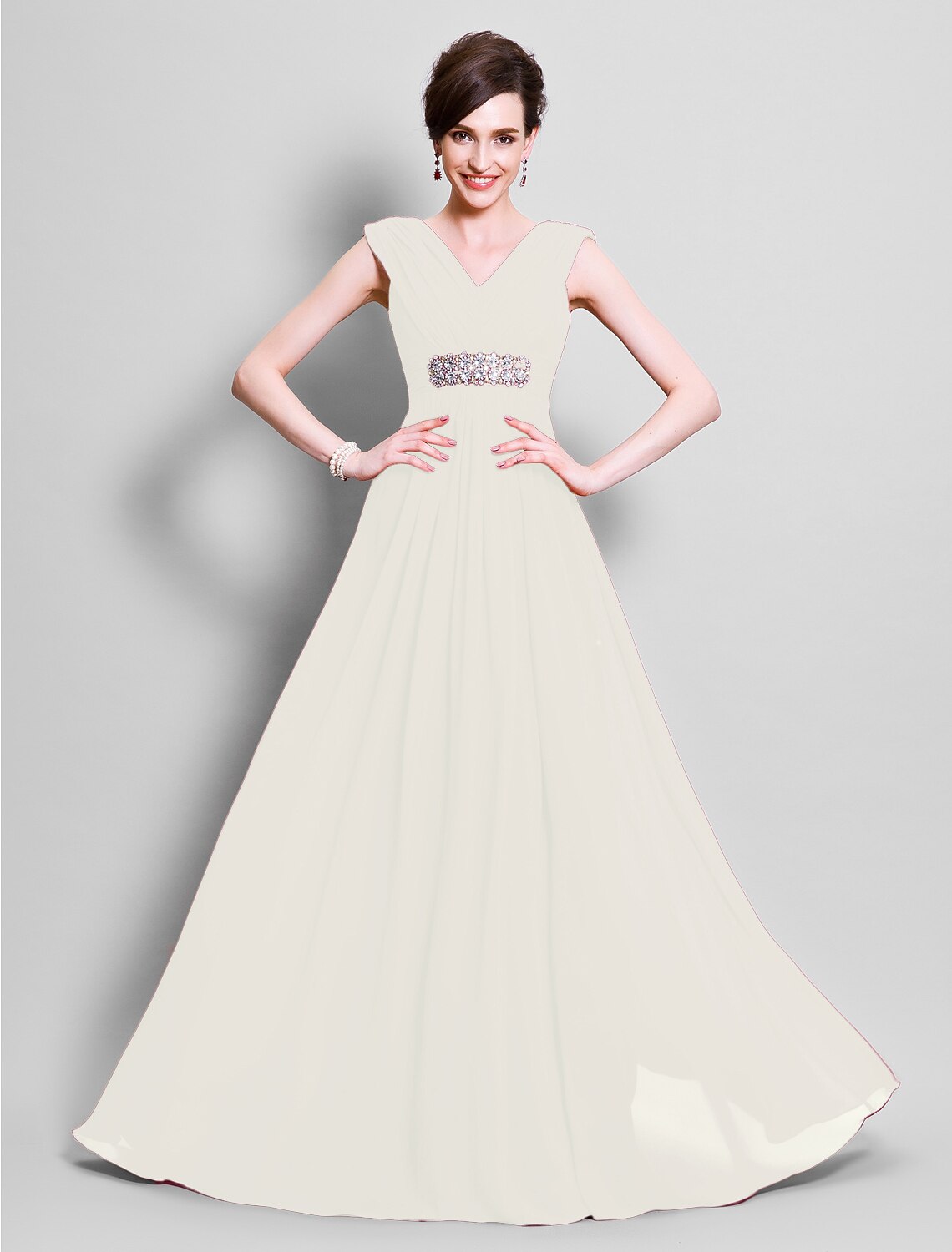 A-Line Mother of the Bride Dress Open Back V Neck Floor Length Chiffon Sleeveless with Beading Side Draping