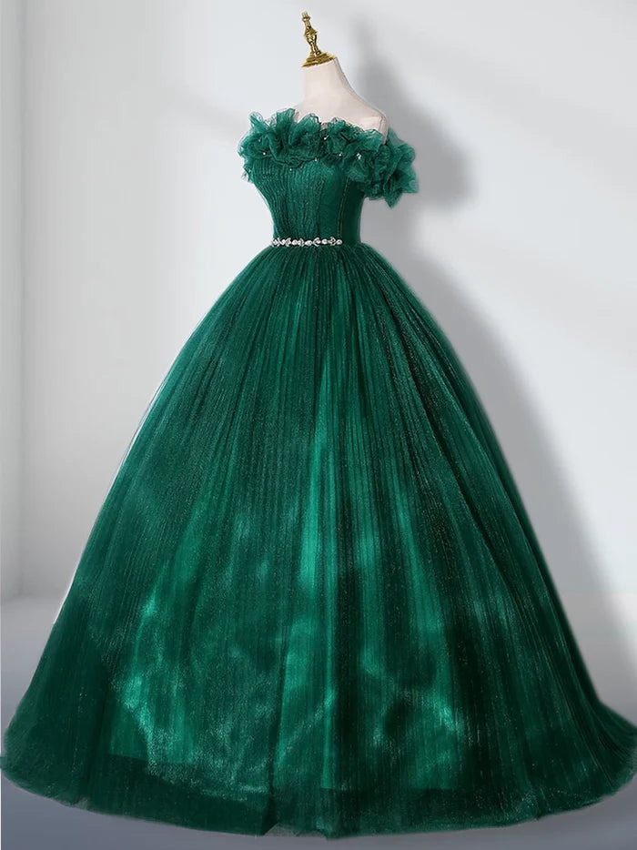 Green off shoulder sheer long adult dress