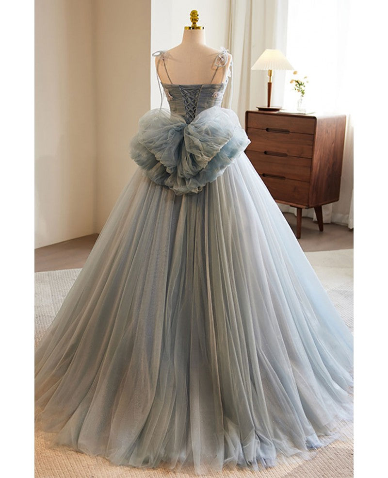 Unique and beautiful gray sticker sleeveless off the shoulder ball dress, gray A-line princess sheer thin shoulder strap, backless tie bow and ground length prom dress