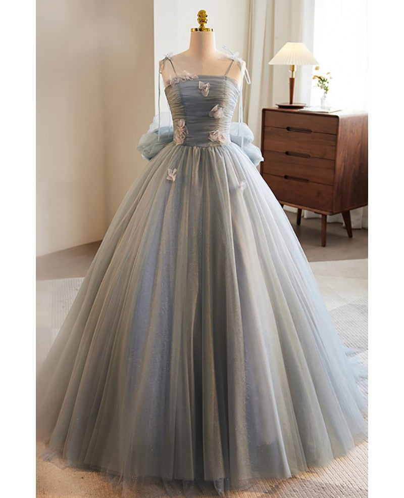 Unique and beautiful gray sticker sleeveless off the shoulder ball dress, gray A-line princess sheer thin shoulder strap, backless tie bow and ground length prom dress