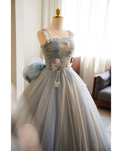 Unique and beautiful gray sticker sleeveless off the shoulder ball dress, gray A-line princess sheer thin shoulder strap, backless tie bow and ground length prom dress