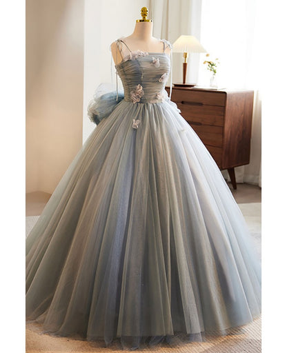 Unique and beautiful gray sticker sleeveless off the shoulder ball dress, gray A-line princess sheer thin shoulder strap, backless tie bow and ground length prom dress