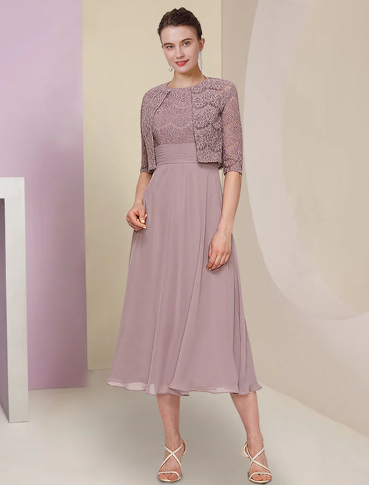 Two Piece Mother of the Bride Dress Wedding Guest Church Elegant Jewel Neck Tea Length Chiffon Lace Half Sleeve with Solid Color