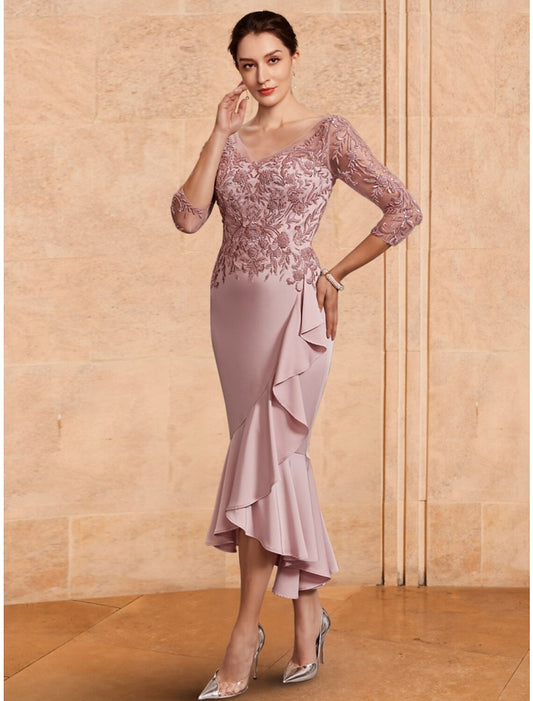 A-Line Mother of the Bride Dress Wedding Guest Elegant V Neck Ankle Length Stretch Fabric 3/4 Length Sleeve with Lace Ruching Solid Color