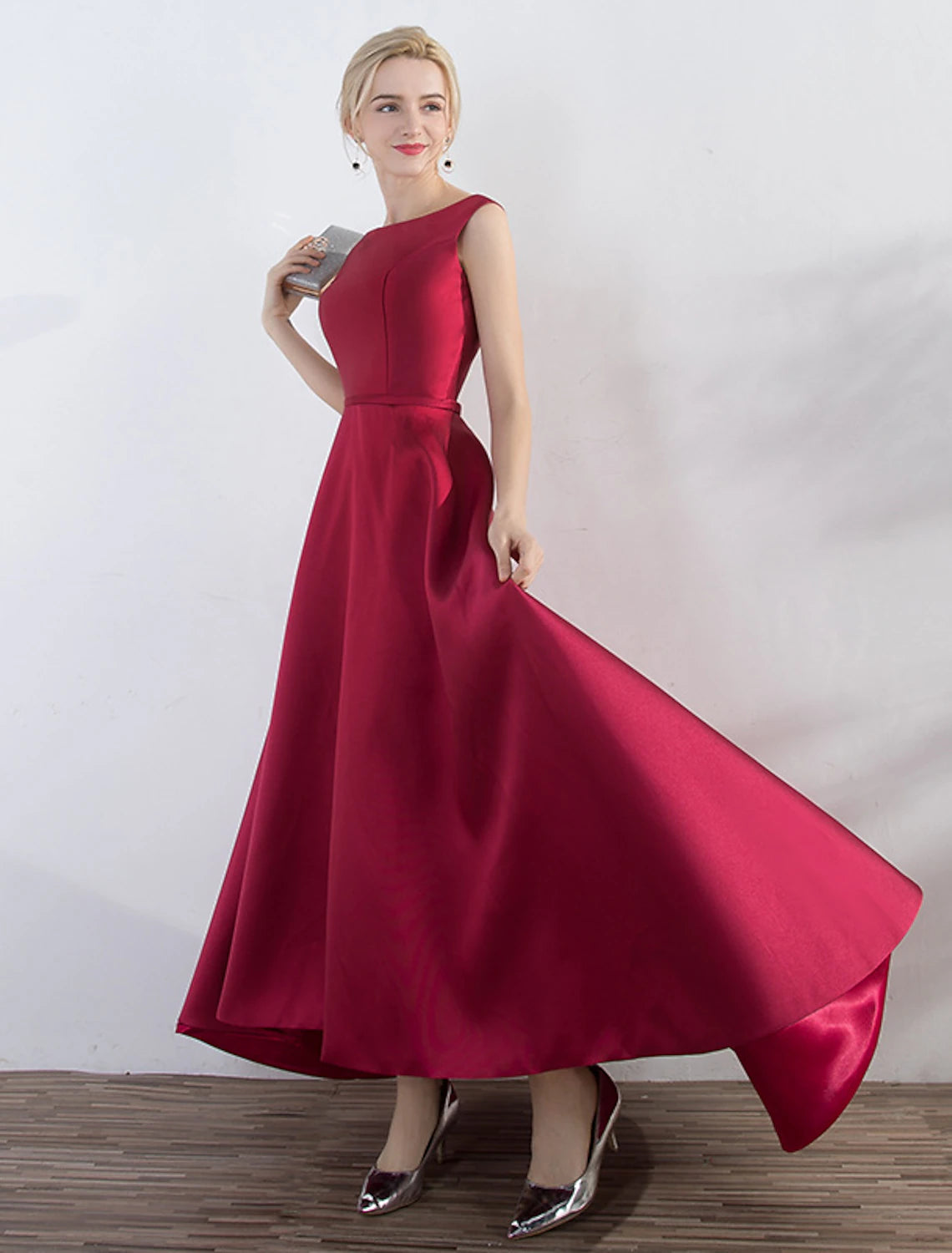 A-Line Evening Gown Red Green Dress Wedding Guest Party Wear Asymmetrical Sleeveless Jewel Neck Satin with Sleek