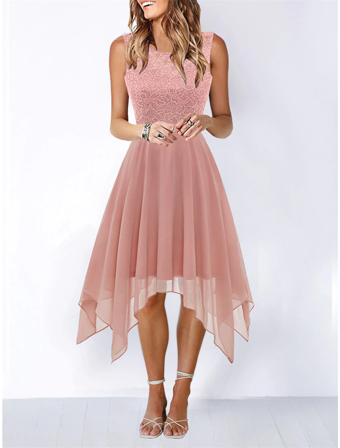 Women's Party Dress Lace Dress Homecoming Dress Midi Dress Pink Wine Blue Sleeveless Pure Color Lace Summer Spring Crew Neck Party Birthday Evening Party Wedding Guest