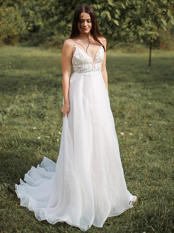 A-Line/Princess Spaghetti Straps Chiffon Applique Sleeveless Sweep/Brush Train Wedding Dresses