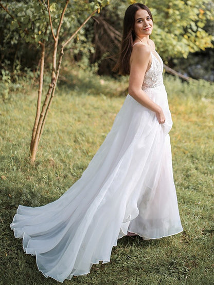 A-Line/Princess Spaghetti Straps Chiffon Applique Sleeveless Sweep/Brush Train Wedding Dresses