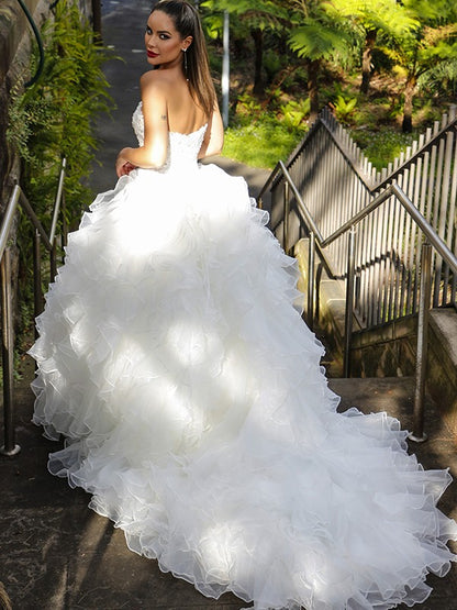 Ball Gown Organza Sleeveless Sequin Sweetheart Chapel Train Wedding Dresses