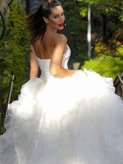 Ball Gown Organza Sleeveless Sequin Sweetheart Chapel Train Wedding Dresses