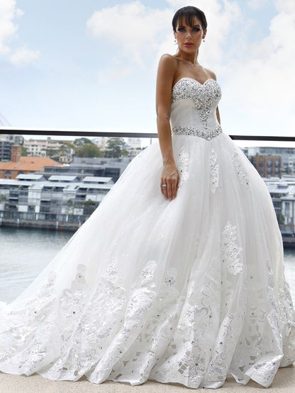 Ball Gown Tulle Sweetheart Applique Sleeveless Cathedral Train Wedding Dresses