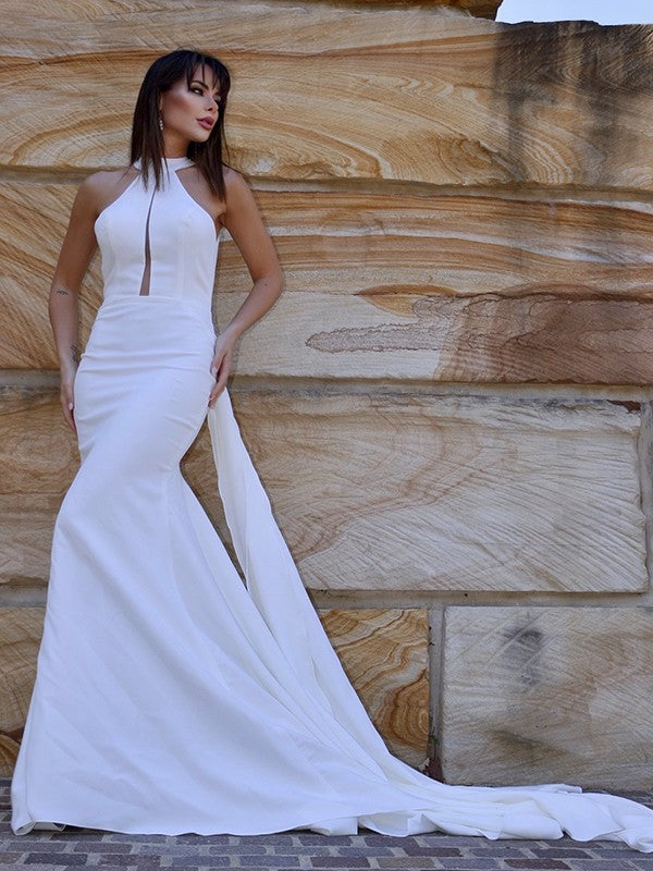 Trumpet/Mermaid Halter Sleeveless Stretch Crepe Ruffles Court Train Wedding Dresses