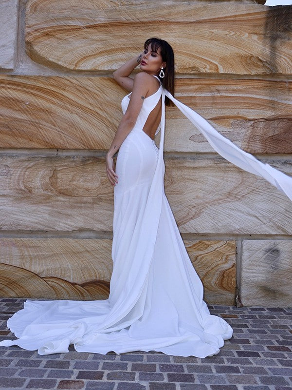 Trumpet/Mermaid Halter Sleeveless Stretch Crepe Ruffles Court Train Wedding Dresses