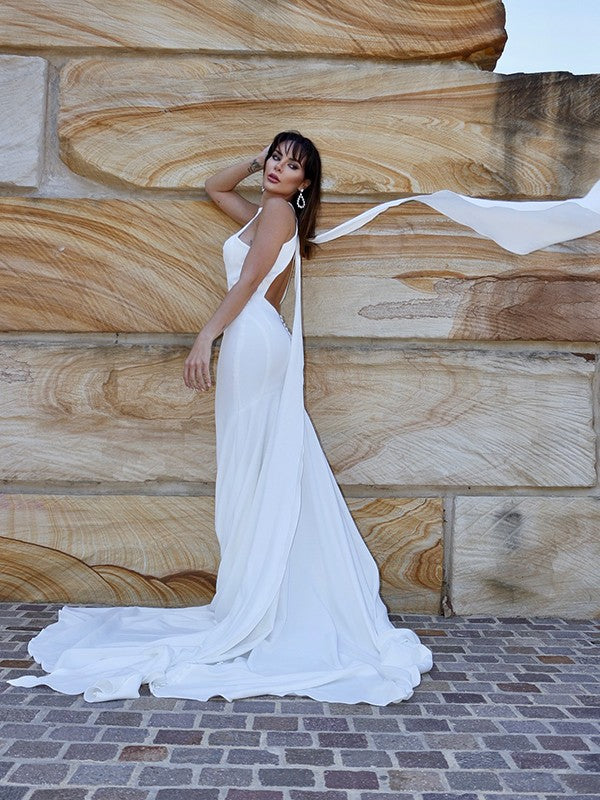 Trumpet/Mermaid Halter Sleeveless Stretch Crepe Ruffles Court Train Wedding Dresses