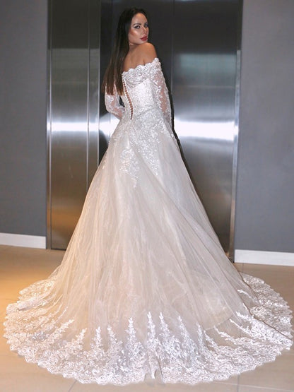 A-Line/Princess Lace Applique Off-the-Shoulder Long Sleeves Sweep/Brush Train Wedding Dresses