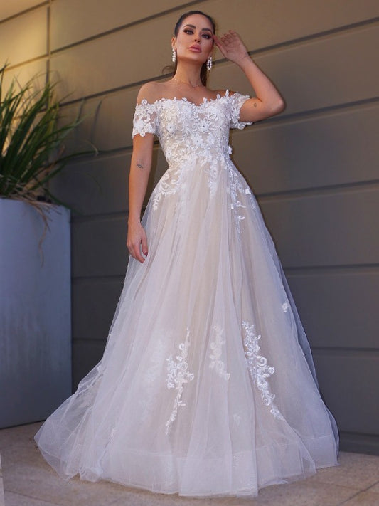 A-Line/Princess Tulle Off-the-Shoulder Short Sleeves Applique Floor-Length Wedding Dresses