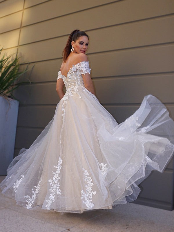 A-Line/Princess Tulle Off-the-Shoulder Short Sleeves Applique Floor-Length Wedding Dresses