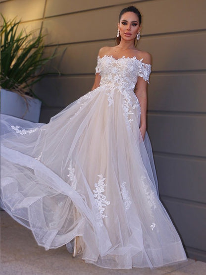 A-Line/Princess Tulle Off-the-Shoulder Short Sleeves Applique Floor-Length Wedding Dresses