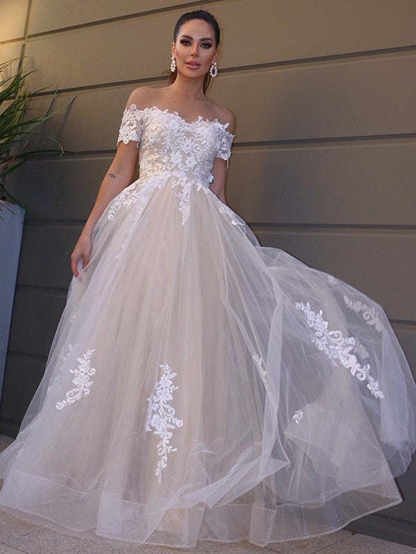 A-Line/Princess Tulle Off-the-Shoulder Short Sleeves Applique Floor-Length Wedding Dresses