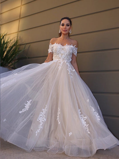 A-Line/Princess Tulle Off-the-Shoulder Short Sleeves Applique Floor-Length Wedding Dresses