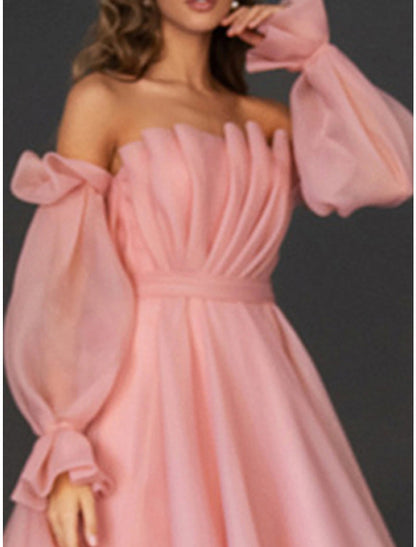 Women's Prom Dress Party Dress Homecoming Dress Long Dress Maxi Dress Pink Long Sleeve Pure Color Ruched Fall Winter Autumn Strapless Fashion Wedding Guest Birthday Evening Party