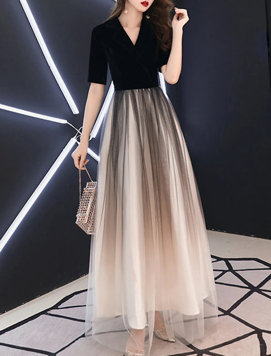 A-Line Minimalist Gradient Engagement Formal Evening Dress V Neck Half Sleeve Floor Length Tulle with Sleek